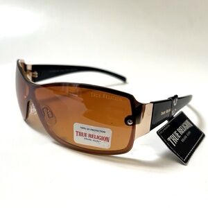 New Original TRUE RELIGION Wrap Around Sunglasses Rimless Acetate Brown Black